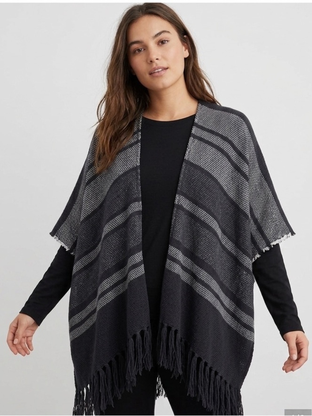 Aerie Black and Gray Striped Poncho